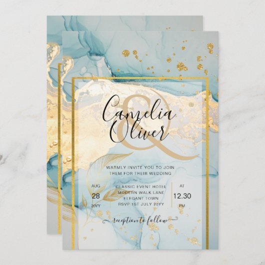 Schönes Glas Gold Hochzeit einladen Türkis Einladung (Vorne/Hinten)