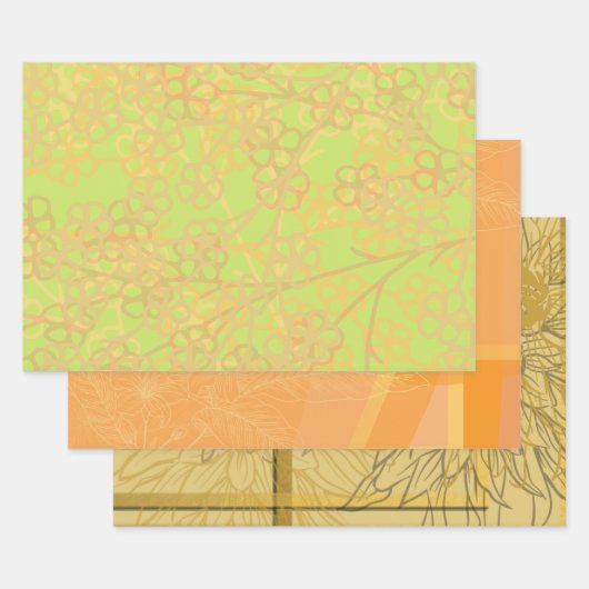 Schönes Gold Orange Green Floral Muster Geschenkpapier Set (Set)