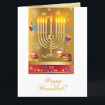 Schönes Goldchanukkas Menorah jüdischer Feiertag Dankeskarte<br><div class="desc">Glückliche Feiertags-Gruß-Karte Chanukkas schöne jüdische. Jüdischer Feiertags-Chanukka-Hintergrund mit traditionellen Chanukah Symbolen - hölzerne dreidels (Kreisel),  Schaumgummiringe,  menorah,  Kerzen,  Davidsstern Und das Glühen beleuchtet Tapetenmuster. Chanukka-Festival-Dekoration. Jerusalem,  Israel. Einladungen u. Briefpapier,  Gruß-Karten,  danke!</div>