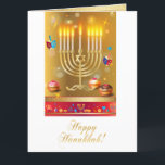Schönes Goldchanukkas Menorah jüdischer Feiertag Dankeskarte<br><div class="desc">Glückliche Feiertags-Gruß-Karte Chanukkas schöne jüdische. Jüdischer Feiertags-Chanukka-Hintergrund mit traditionellen Chanukah Symbolen - hölzerne dreidels (Kreisel),  Schaumgummiringe,  menorah,  Kerzen,  Davidsstern Und das Glühen beleuchtet Tapetenmuster. Chanukka-Festival-Dekoration. Jerusalem,  Israel. Einladungen u. Briefpapier,  Gruß-Karten,  danke!</div>