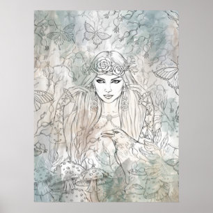 Schönes gotisches Mädchen mit einem von Hand gezei Poster