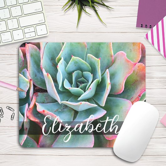 Schönes Green Cactus Foto Individuelle Name Script Mousepad