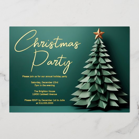 Schönes Grün Weihnachten Party Kunstbaum Gold Folieneinladung (Vorderseite)