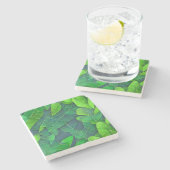 Schönes, grünes Blätter Muster Steinuntersetzer (Seitenansicht)