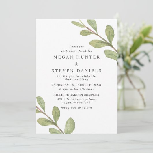 Schönes grünes Leaf Wasserfarbe Elegante Hochzeit Einladung (Stehend Vorderseite)