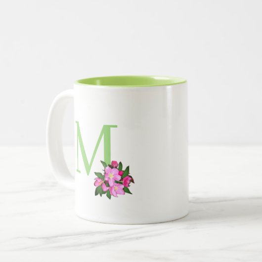 Schönes grünes Monogramm mit Apfel-Blume Zweifarbige Tasse (Vorderseite Links)