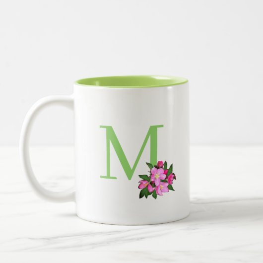 Schönes grünes Monogramm mit Apfel-Blume Zweifarbige Tasse (Links)