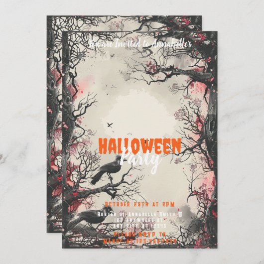 Schönes Halloween-Party der Bäume Schwarze Vögel Einladung (Vorne/Hinten)