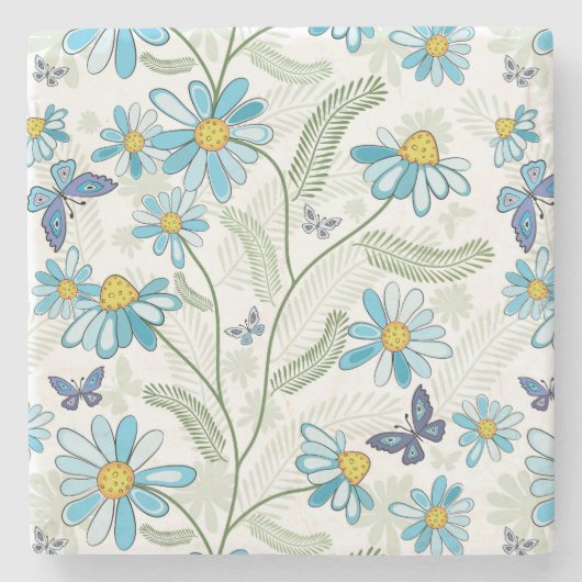 Schönes, handgezeichnetes, blaues Blumenmuster Steinuntersetzer (Vorderseite)