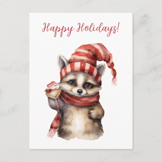 Schönes Happy Holidays Racoon Watercolor Kunstvoll Postkarte (Vorderseite)