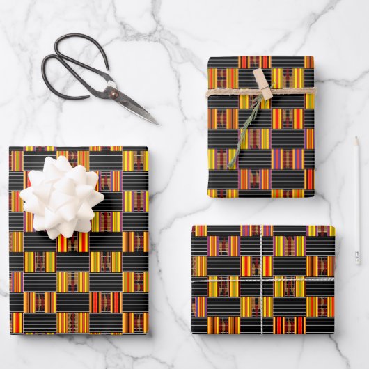 Schönes, helles Schwarzes Pinstripe Kente Geschenkpapier Set (Vorderseite)