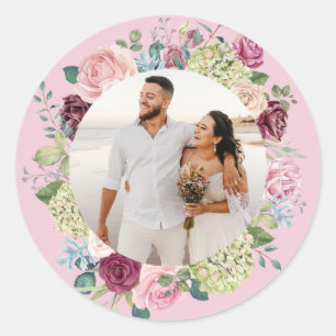 Schönes hellrosa Rose Spray Wedding Foto Runder Aufkleber