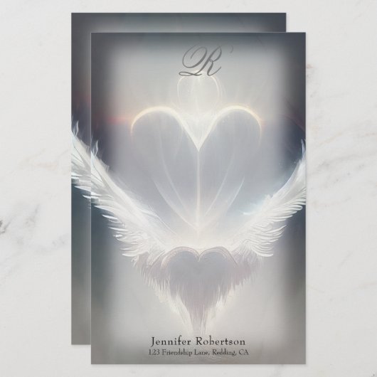 Schönes Herz Angel Wings Monogram Stationery Briefpapier (Vorne/Hinten)