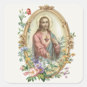 SCHÖNES HERZ DES JESUS FLORAL RELIGIOUS QUADRATISCHER AUFKLEBER