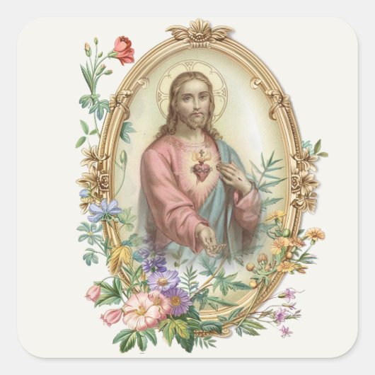 SCHÖNES HERZ DES JESUS FLORAL RELIGIOUS QUADRATISCHER AUFKLEBER (Vorderseite)