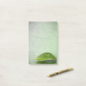 Schönes, herzförmiges Wassertropfen auf der linken Post-it Klebezettel (Auf Schreibtisch)