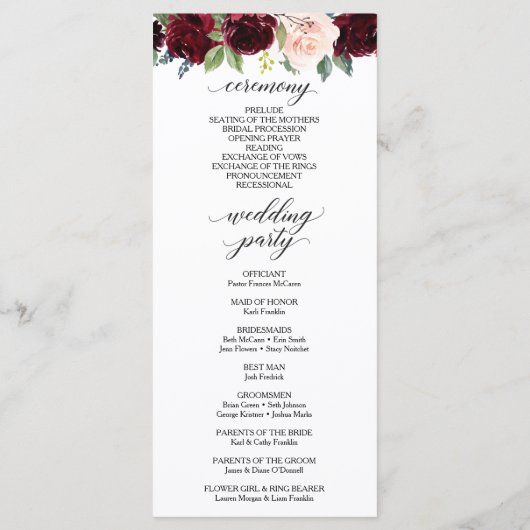 Schönes Hochzeitsprogramm für Burgund Programm (Rückseite)