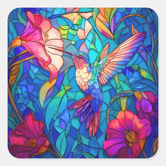 Schönes Hummingbird Flower Garden gesteinigt Glas Quadratischer Aufkleber (Vorderseite)