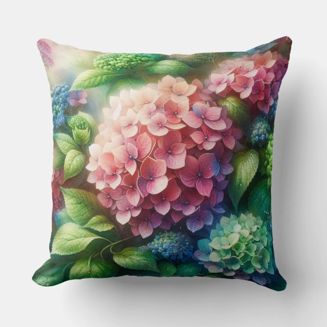 Schönes Hydrangea Rosa und Grün Kissen (Vorderseite)