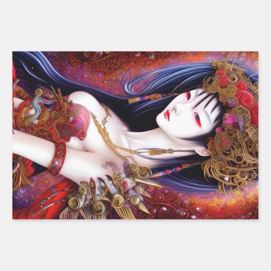 Schönes japanisches Girl Gothic Fantasy Triptych Geschenkpapier Set (Vorderseite)