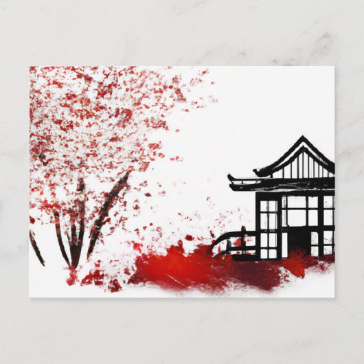 schönes japanisches Haus in Kirschblütenwald Postkarte (Vorderseite)