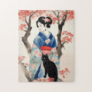 Schönes japanisches Mädchen mit einer schwarzen Ka Puzzle