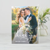 Schönes Kalligrafie-Script-Wedding-Foto Dankeskarte (Stehend Vorderseite)