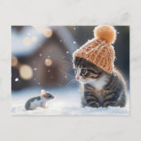 Schönes Kätzchen und Maus im Schnee zusammen