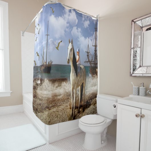 Schönes kleines Mädchen auf Pferderückseite Duschvorhang (Beispiel)