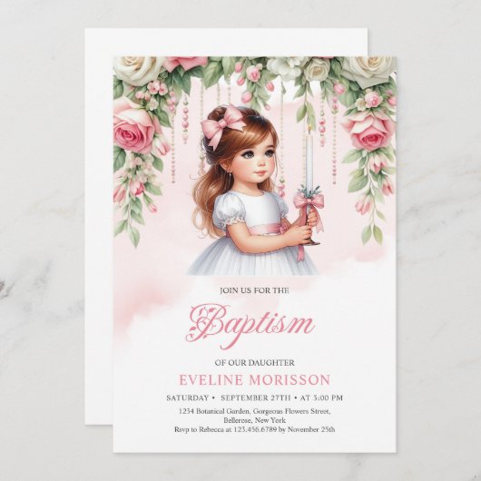 Schönes kleines Mädchen mit Kerzenschrot-Rose Kran Einladung (Vorne/Hinten)