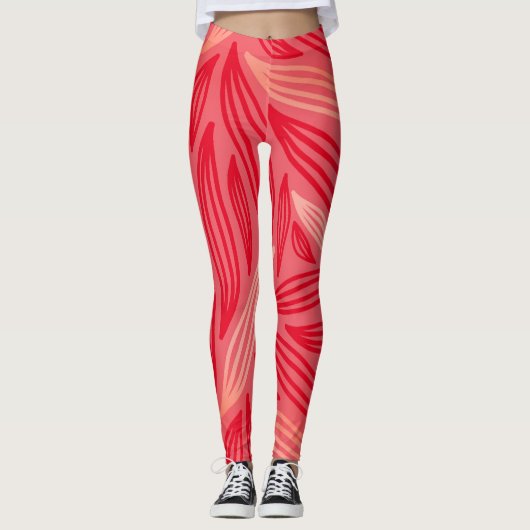Schönes kühnes Orange Red Leaftern Muster Leggings (Vorderseite)