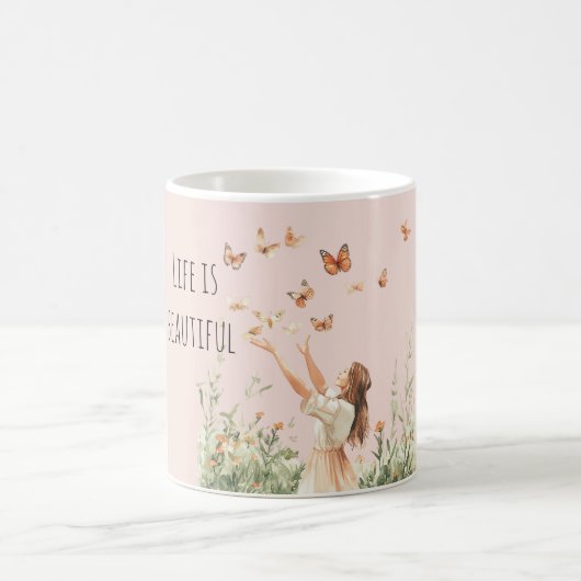 Schönes Leben Pfirsich Schmetterlinge Kaffeetasse (Mittel)