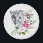 Schönes Leopard Head Portrait in Wasserfarbe Magnet<br><div class="desc">Ein Dankeschön Magnet mit einer schönen Abbildung mit einem grauen,  schwarz-weißen Leopardenportrait. Dieses hübsche Tier ist von einer tropischen Blume umgeben. Elegant,  exotisch und schön.</div>