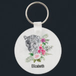 Schönes Leopard Head Portrait in Wasserfarbe Schlüsselanhänger<br><div class="desc">Eine Schlüsselkette mit einer schönen Abbildung mit einem grauen,  schwarz-weißen Leopardenportrait. Dieses hübsche Tier ist von einer tropischen Blume umgeben. Elegant,  exotisch und schön.</div>
