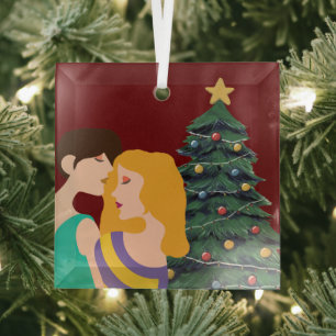 Schönes Lesbian Couple Art Christmas Tree Red Ornament Aus Glas