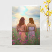 Schönes Lesbisches Paar auf der Wiese der Blume Karte (Gelbe Blume)