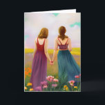 Schönes Lesbisches Paar im Bereich der Blume Karte<br><div class="desc">Hübsche Kunst mit zwei Händchenfrauen auf einer Wiese von Blume. Ewigkeit zusammen.</div>