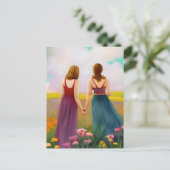 Schönes Lesbisches Paar im Bereich der Blume Postkarte (Stehend Vorderseite)