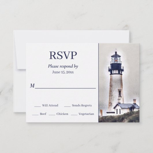 Schönes Leuchtturm Nautical Beach Wedding RSVP Karte (Vorderseite)