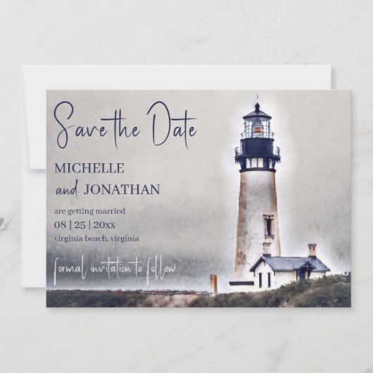Schönes Leuchtturm Nautical Beach Wedding Save The Date (Vorderseite)