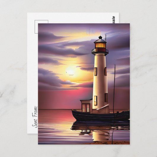 Schönes Leuchtturm, Segelboot und Ocean Sunset Postkarte (Vorne/Hinten)