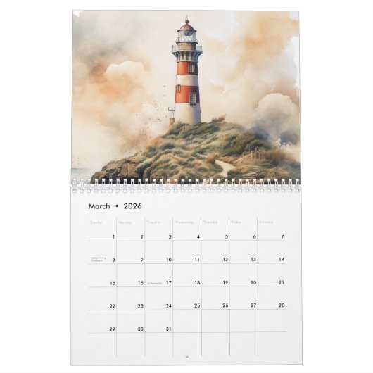Schönes Leuchtturm Wasserfarbe 12 Monate Kalender (Mär 2026)