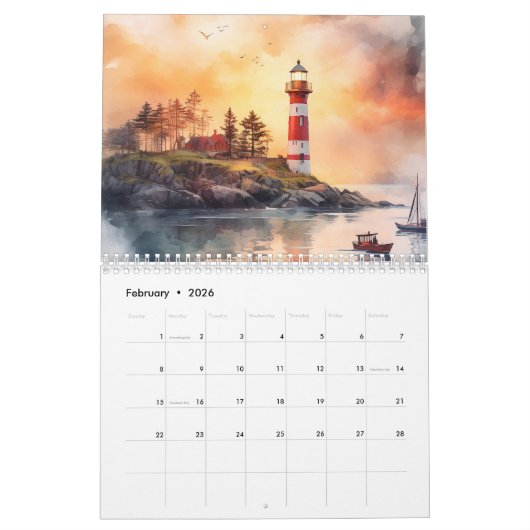 Schönes Leuchtturm Wasserfarbe 12 Monate Kalender (Feb 2026)