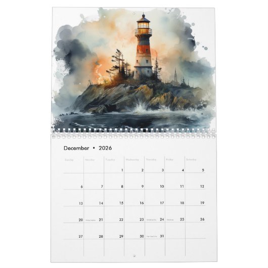 Schönes Leuchtturm Wasserfarbe 12 Monate Kalender (Dez 2026)