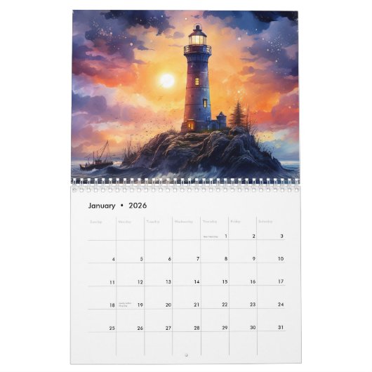 Schönes Leuchtturm Wasserfarbe 12 Monate Kalender (Jan 2026)