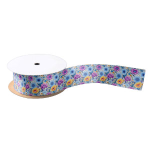 Schönes Lila, Gelb und Blau Retro-Blumenmuster Satinband
