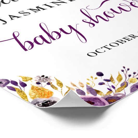 Schönes Lila Gold Floral Baby Duschzeichen Poster (Ecke)