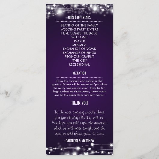 Schönes Lila Hochzeitsprogramm für glühende Sterne Programm (Rückseite)