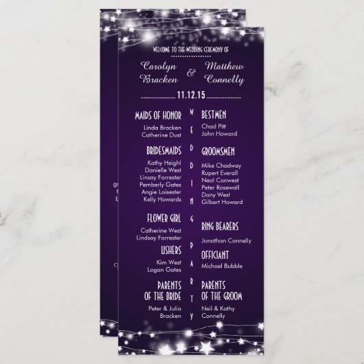 Schönes Lila Hochzeitsprogramm für glühende Sterne Programm (Vorne/Hinten)