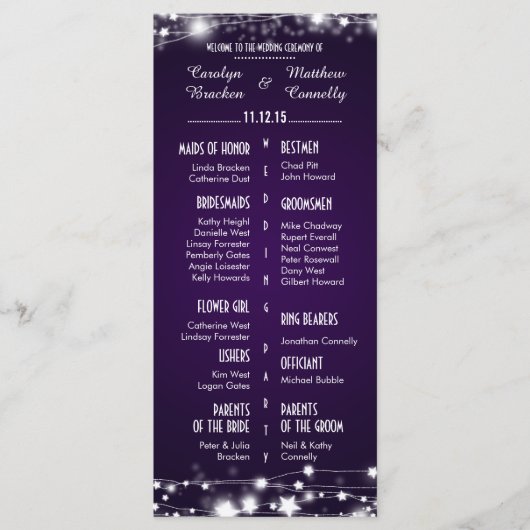 Schönes Lila Hochzeitsprogramm für glühende Sterne Programm (Vorderseite)